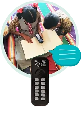 Image of IRIS device with a picture of two students using the device in the background